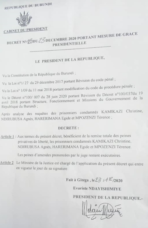 grâce présidentielle Burundi Iwacu